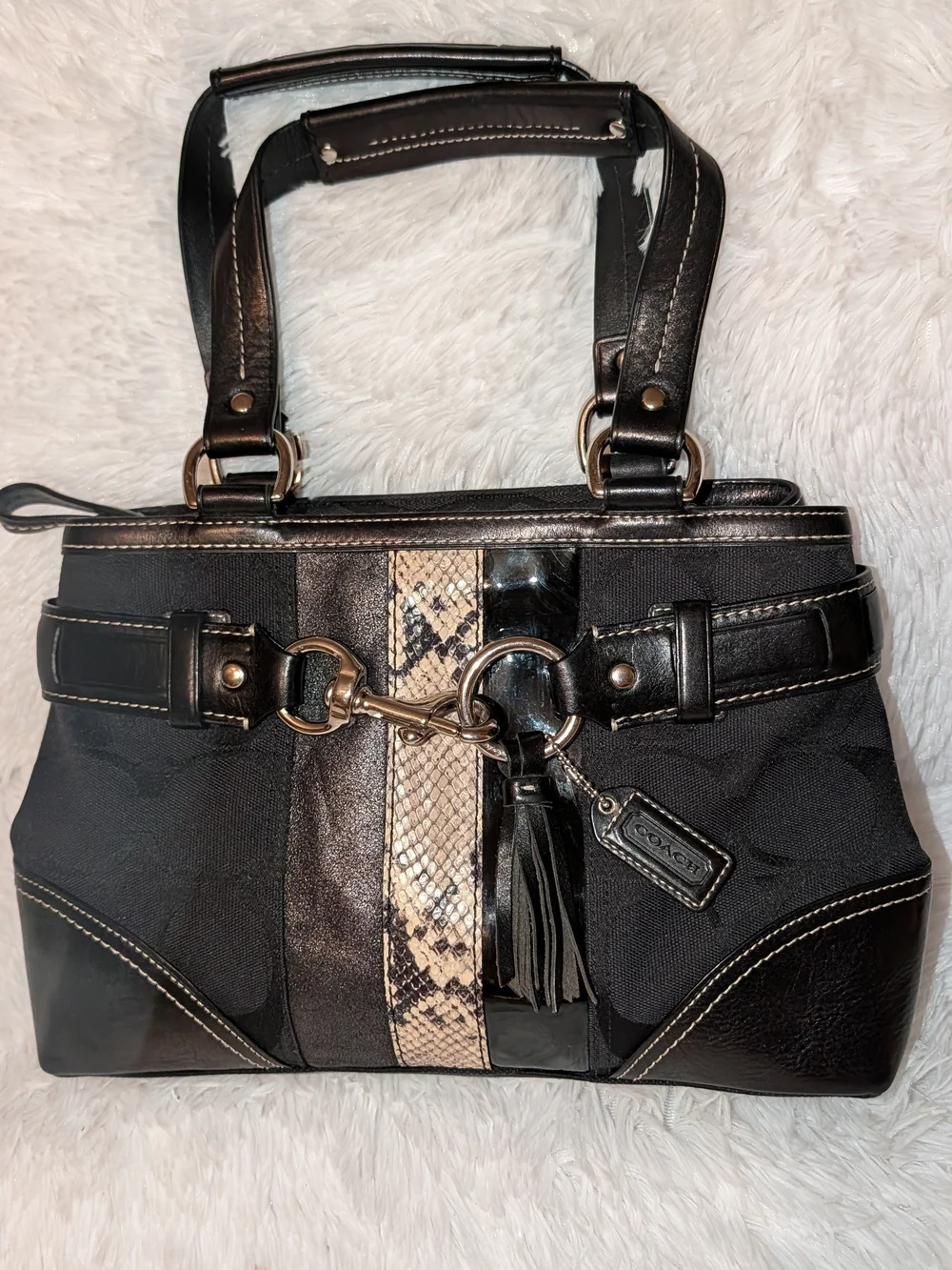 COACH Hampton Signature Shoulder Bag Python Embossed Leather Vintage Black VGUC